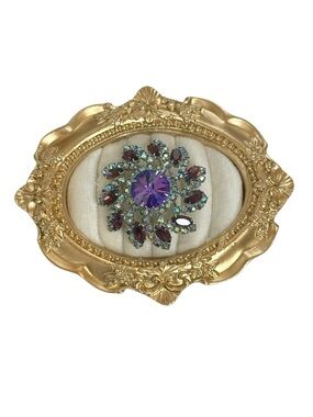1960s peacock brooch purple rivoli stone & AB peacock blue & purple rhinestones.